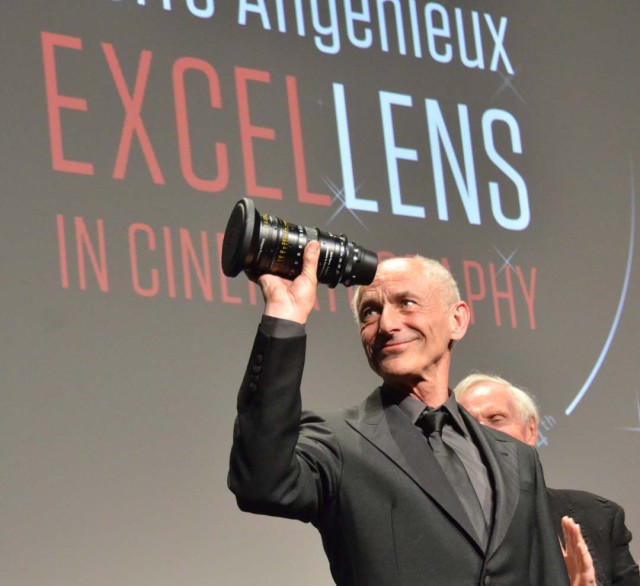 Philippe Rousselot, ASC, AFC receiving the Pierre Angnenieux ExcelLens Award at Cannes: a new Optimo 28-78 mm zoom lens