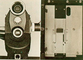 Eclair NPR with lens removed, showing widened Super 16mm gate. Notice how the lens mount has been shifted 1 mm so the optical axis of lens is centered on the gate. 