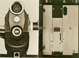 Eclair NPR with lens removed, showing widened Super 16mm gate. Notice how the lens mount has been shifted 1 mm so the optical axis of lens is centered on the gate.