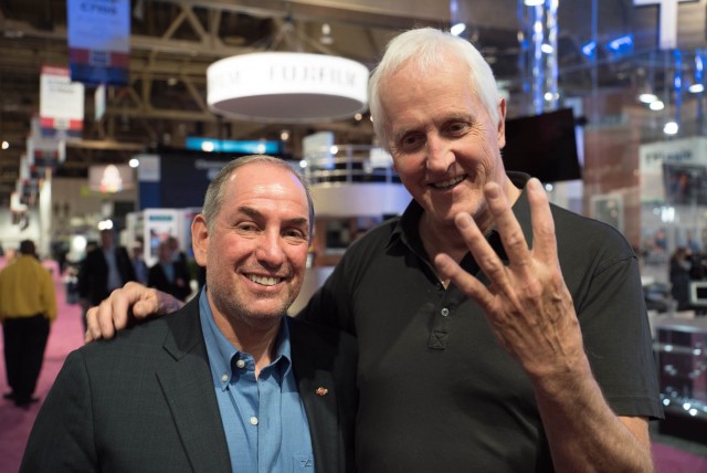Garret Brown Inventor of the Steadicam  and Ste Tiffen celebrating the 40th anniversary of the device at the Tiffen Booth at NAB 2015