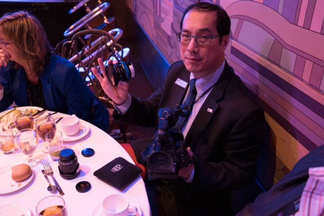 Craig Yanagi holding the JVC 4K Cam at the JVC Luncheon at NAB 2015