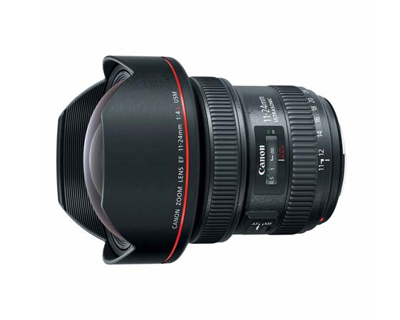 Canon EF 11-24 mm f/4L USM Wide Zoom: rectilinear full-frame 24x36 mm DSLR lens. Diameter: 4.3 in. Weight: 41.6 oz.