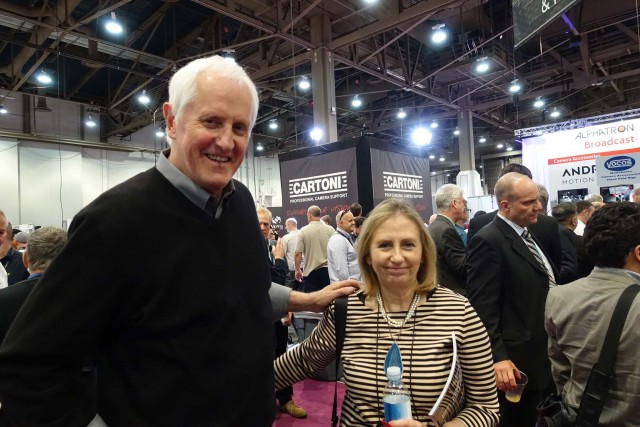 The ubiquitous Garrett Brown, with Elisabetta Cartoni, celebrating the Cartoni Company’s 80th anniversary at the NAB 2015 Cartoni Booth. In addition to manufacturing the renowned Cartoni heads and tripods, the company also distributes Steadicam in Italy. 