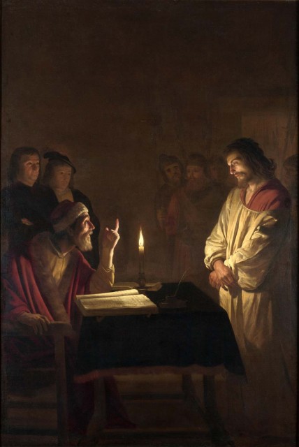Christ before the High Priest. By Gerard van Honthorst .circa 1617 Oil on canvas. 272 x 183 cm (107.1 x 72 in). National Gallery, London