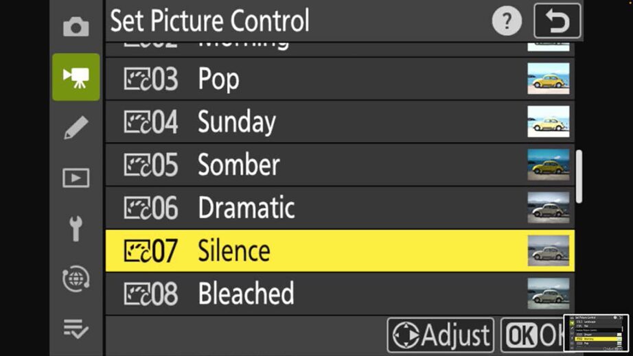 20 Picture Controls (LUTs) with nice names: silence, somber, pop, etc.