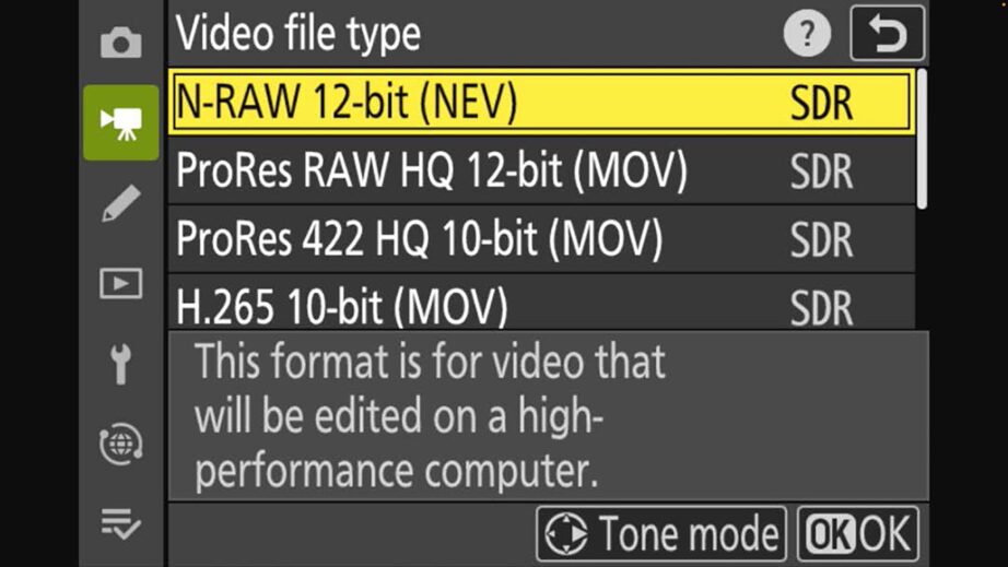 Internal Video recording includes N-RAW 12-bit (NEV), ProRes RAW HQ 12-bit (MOV), ProRes 422 HQ 10-bit, H.265 10-bit (also with N-Log), etc.