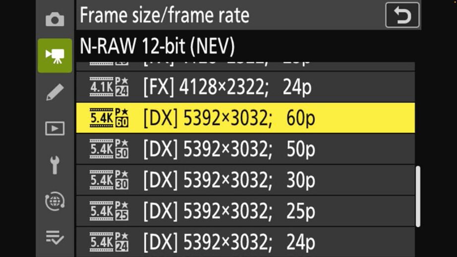 N-RAW 12-bit DX (S35) 5.3K up to 60 fps.