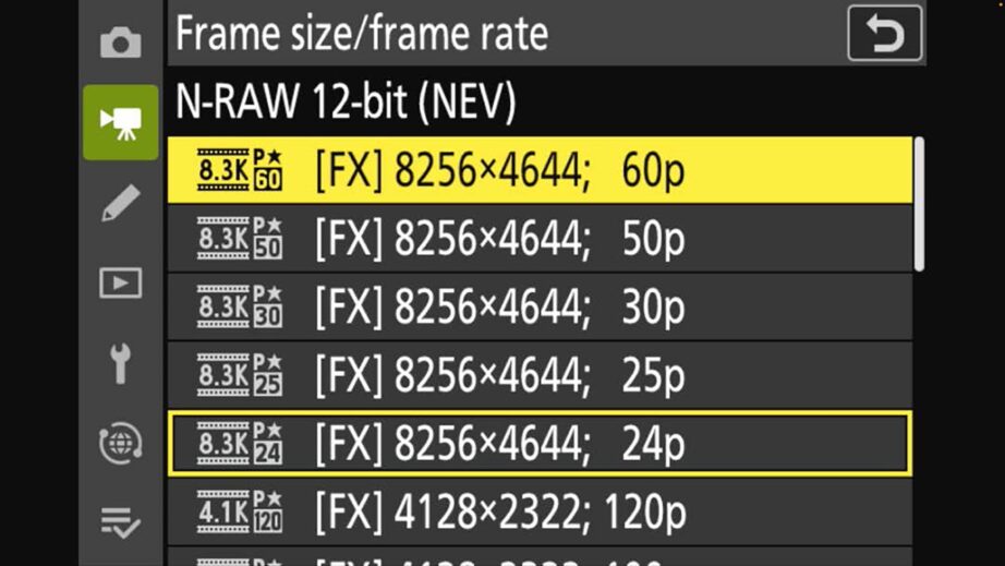 N-RAW 8.3K up to 60 fps. FX is Full Frame. DX is APS-C / S35