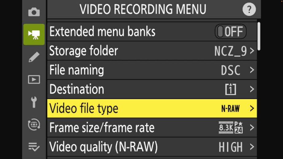 Select Video File Type (N-RAW is shown here).