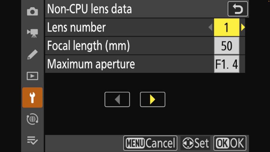 In this example, we just call it a 50mm F1.4 lens and assign it as Lens Number 1. (Image 2 of 2.)
