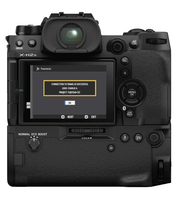 Connect to Frame.io from the NETWORK/USB Setting Menu of the X-H2S camera with FT-XH attached.